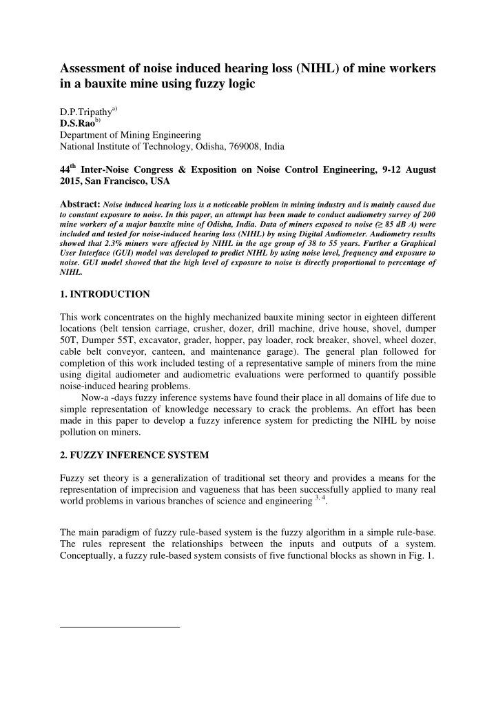 assessment of noise induced hearing loss nihl of mine