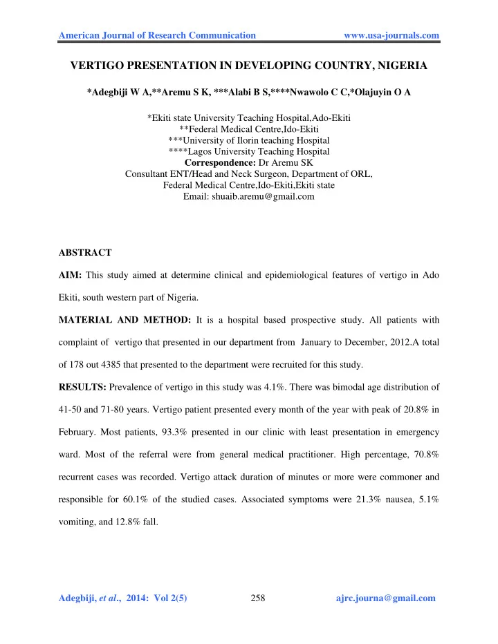vertigo presentation in developing country nigeria