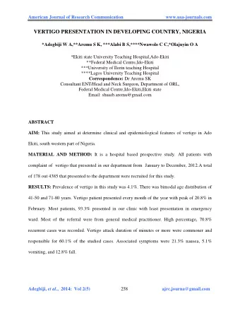 VERTIGO PRESENTATION IN DEVELOPING COUNTRY, NIGERIA  *Adegbiji W A,**Aremu S K, ***Alabi B