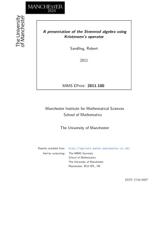 A presentation of the Steenrod algebra using  Kristensens operator  Sandling, Robert  2011 MIMS