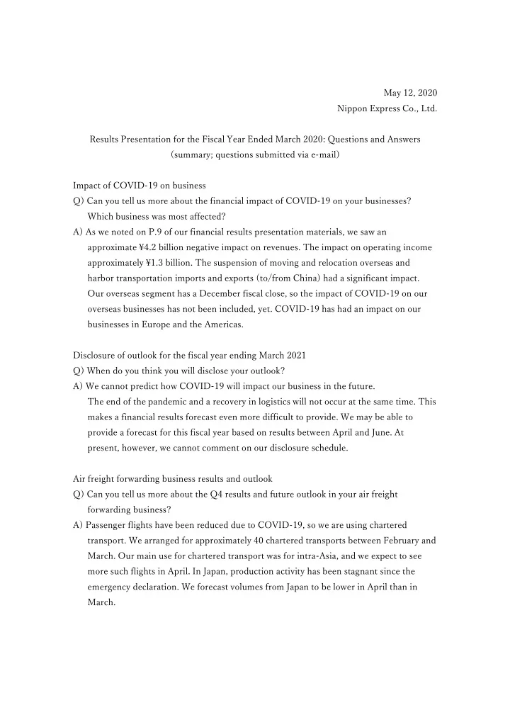 may 12 2020 nippon express co ltd results presentation