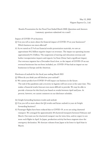 May 12, 2020  Nippon Express Co., Ltd.  Results Presentation for the Fiscal Year Ended March 2020: