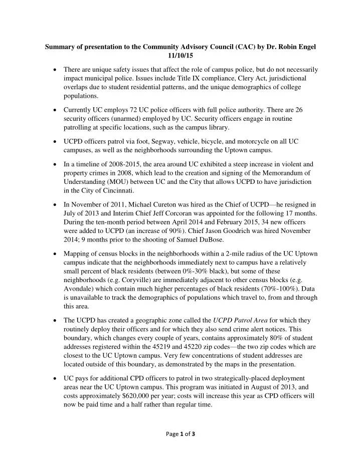 summary of presentation to the community advisory council