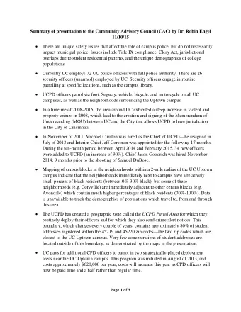 Summary of presentation to the Community Advisory Council (CAC) by Dr. Robin Engel  11/10/15