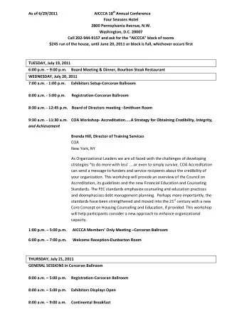 AICCCA 18 th Annual Conference  As of 6/29/2011  Four Seasons Hotel  2800 Pennsylvania Avenue, N.W.