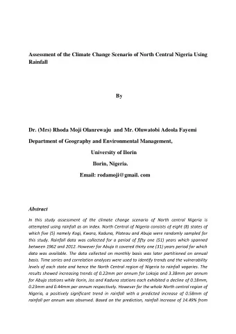 Assessment of the Climate Change Scenario of North Central Nigeria Using  Rainfall  By  Dr. (Mrs)