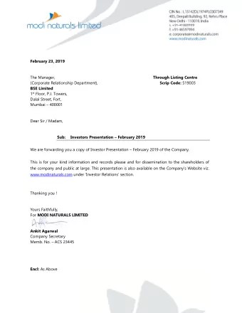 February 23, 2019  The Manager, Through Listing Centre  (Corporate Relationship Department), Scrip