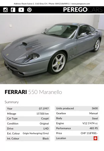 PEREGO CARS FERRARI 550 Maranello  Summary  Units produced  3600  Year  07.1997  Gearbox  Manual