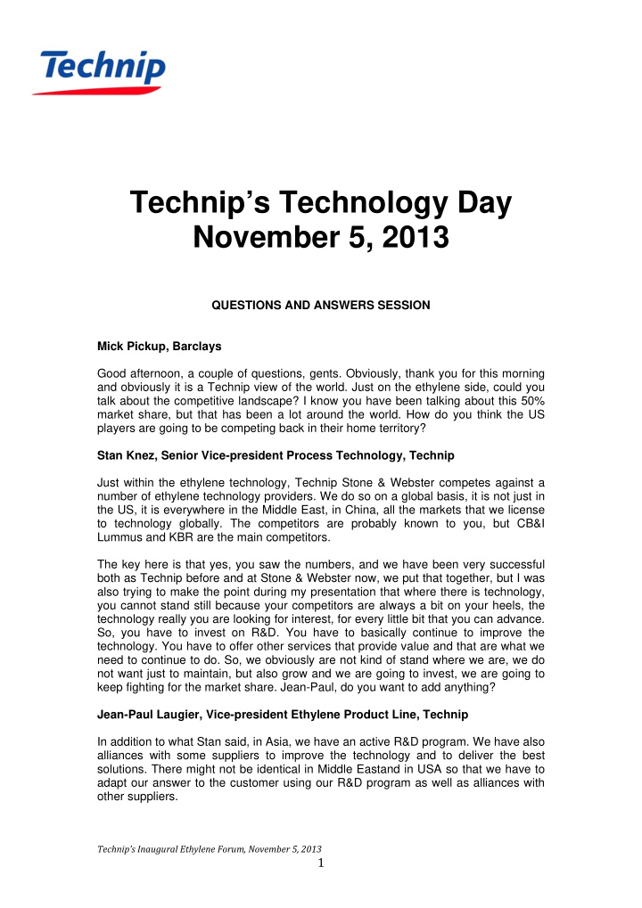 technip s technology day november 5 2013