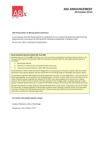 AUSTRALIAN BAUXITE LIMITED 27 October 2010 Better Bauxite Bauxite is the ore for aluminium
