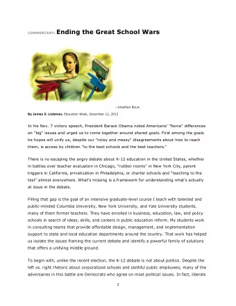 COMMENTARY: Ending the Great School Wars  Jonathan Bouw By James S. Liebman, Education Week,