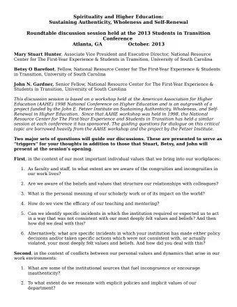 Spirituality and Higher Education:  Sustaining Authenticity, Wholeness and Self-Renewal  Roundtable