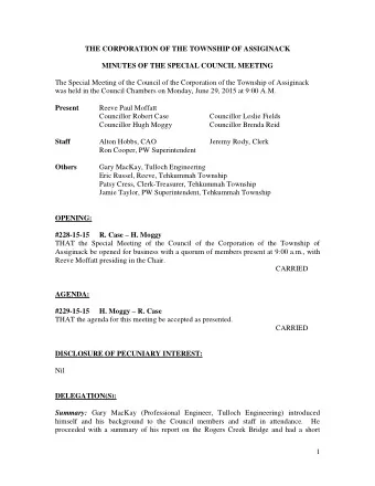 THE CORPORATION OF THE TOWNSHIP OF ASSIGINACK MINUTES OF THE SPECIAL COUNCIL MEETING  The Special