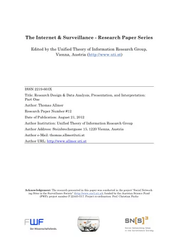 The Internet &amp; Surveillance - Research Paper Series  Edited by the Unified Theory of