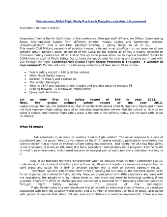 Contemporary Global Flight Safety Practices &amp; Thoughts - a window of improvement  Bismillahir-
