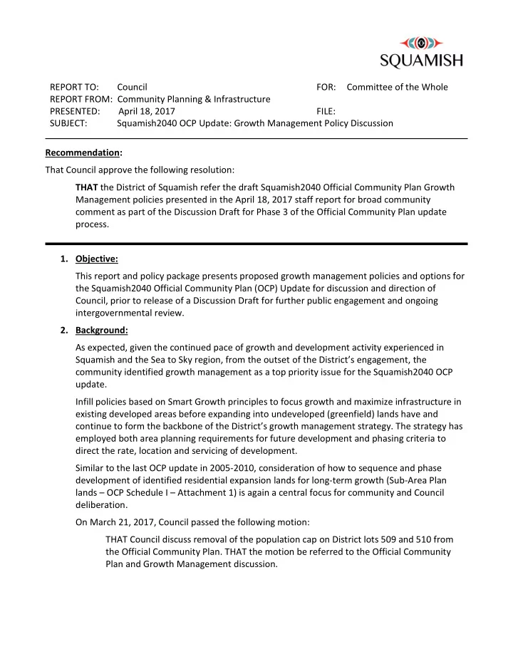 report to council for committee of the whole report from