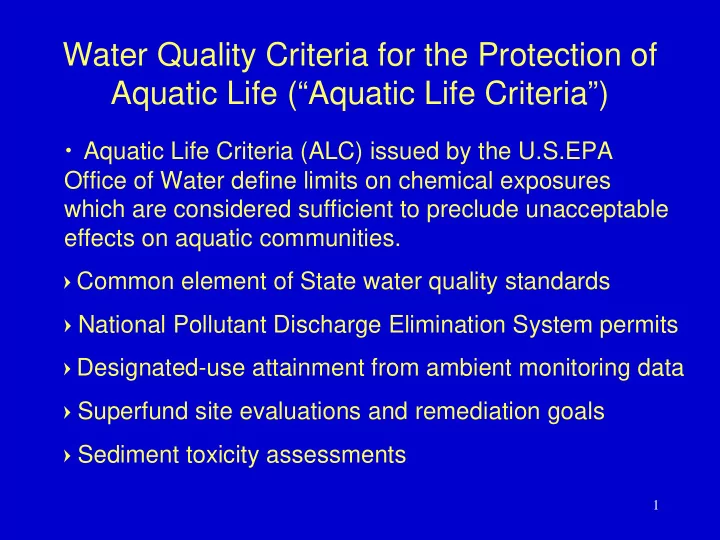 water quality criteria for the protection of aquatic life