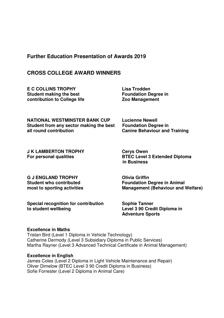 further education presentation of awards 2019