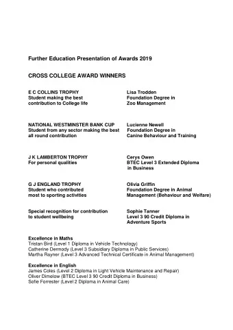 Further Education Presentation of Awards 2019  CROSS COLLEGE AWARD WINNERS  E C COLLINS TROPHY