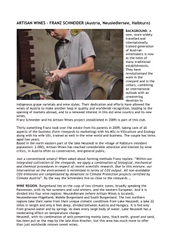 ARTISAN WINES  FRANZ SCHNEIDER (Austria, Neusiedlersee, Halbturn) BACKGROUND . A  new, more