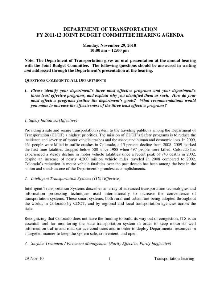 department of transportation fy 2011 12 joint budget