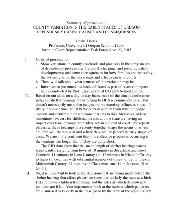 Summary of presentation  COUNTY VARIATION IN THE EARLY STAGES OF OREGON  DEPENDENCY CASES:  CAUSES