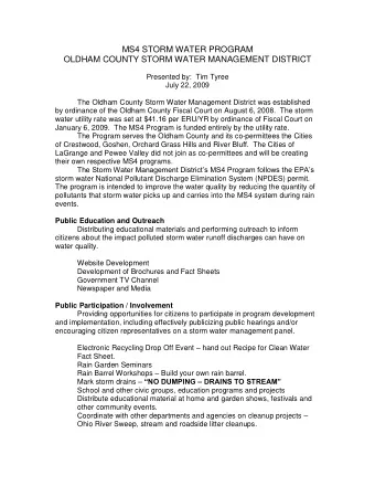 MS4 STORM WATER PROGRAM  OLDHAM COUNTY STORM WATER MANAGEMENT DISTRICT  Presented by:  Tim Tyree