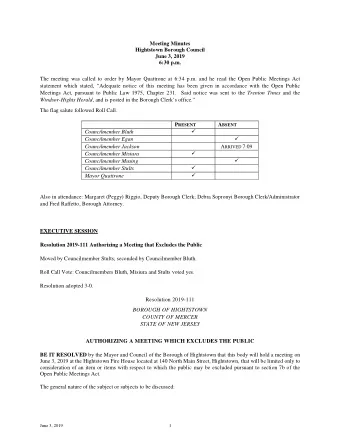 Meeting Minutes  Hightstown Borough Council  June 3, 2019  6:30 p.m.  The meeting was called to