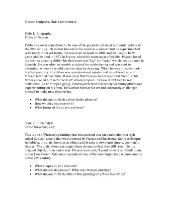 Picasso Sculpture Slide Commentary  Slide 1:  Biography  Photo of Picasso  Pablo Picasso is