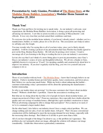 Presentation by Andy Gianino, President of The Home Store, at the  Modular Home Builders