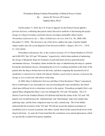 Prometheus Ruling Confirms Patentability of Medical Process Claims  By:     Antony M. Novom, Of