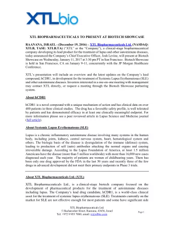 XTL BIOPHARMACEUTICALS TO PRESENT AT BIOTECH SHOWCASE RAANANA, ISRAEL - (December 19, 2016)  XTL