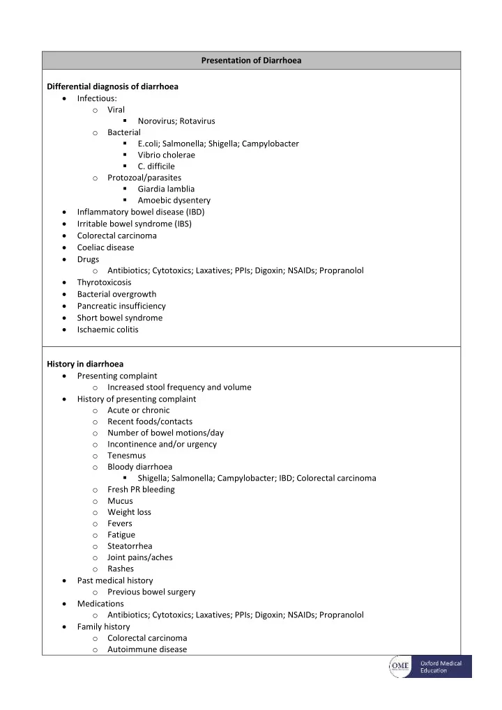 presentation of diarrhoea differential diagnosis of