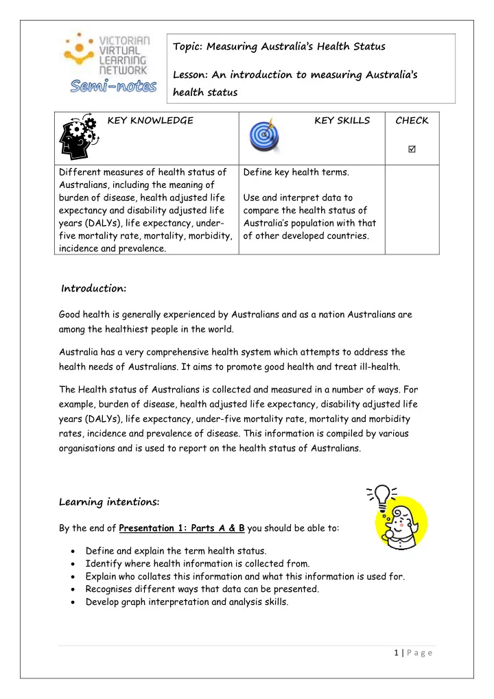 topic measuring australia s health status lesson an