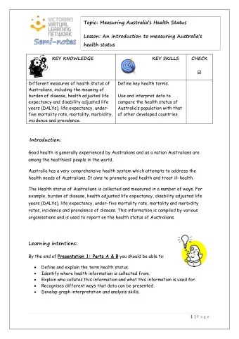 Topic: Measuring Australias Health Status  Lesson: An introduction to measuring Australias