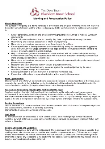 Marking and Presentation Policy  Aims &amp; Objectives  The purpose of this policy is to define