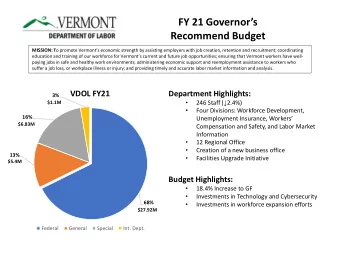 FY 21 Governors  Recommend Budget MISSION: T o promote Vermonts economic strength by