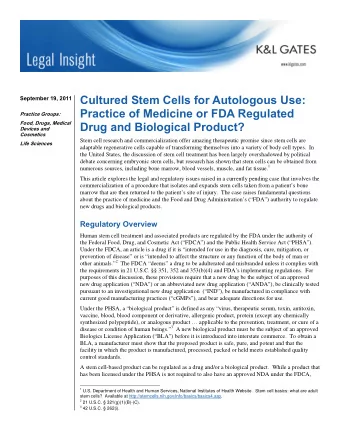 Cultured Stem Cells for Autologous Use:  September 19, 2011  Practice of Medicine or FDA Regulated