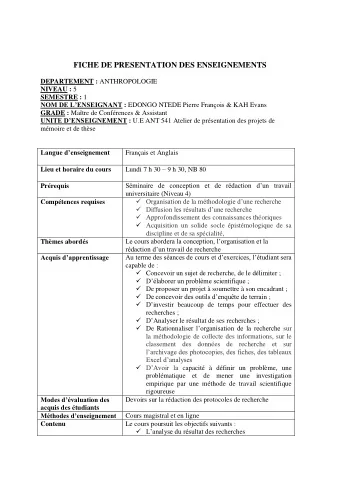 FICHE DE PRESENTATION DES ENSEIGNEMENTS DEPARTEMENT : ANTHROPOLOGIE NIVEAU : 5 SEMESTRE : 1 NOM DE