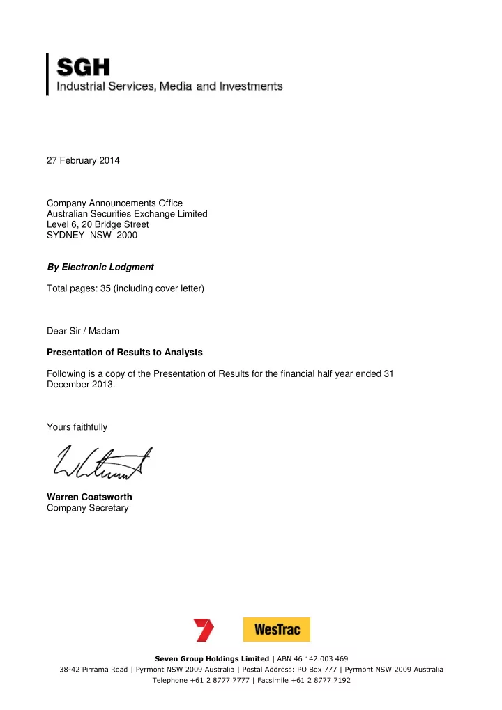 27 february 2014 company announcements office australian