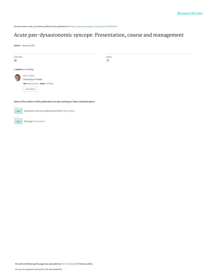 acute pan dysautonomic syncope presentation course and