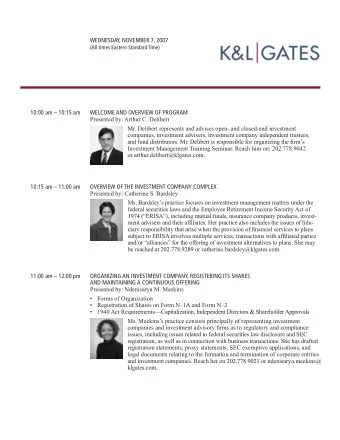 WEDNESDAY, NOVEMBER 7, 2007  (All times Eastern Standard Time) 10:00 am  10:15 am  WELCOME AND