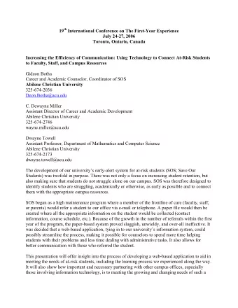 19 th International Conference on The First-Year Experience  July 24-27, 2006  Toronto, Ontario,