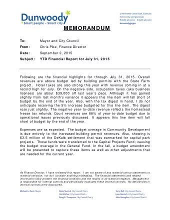 MEMORANDUM To: Mayor and City Council From: Chris Pike, Finance Director  Date: September 2, 2015
