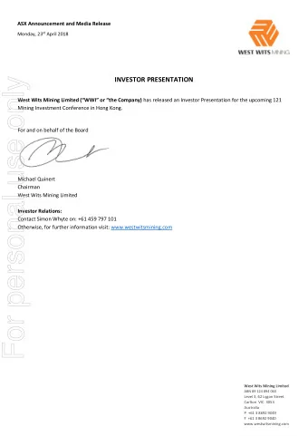 For personal use only  INVESTOR PRESENTATION West Wits Mining Limited (WWI or the Company)