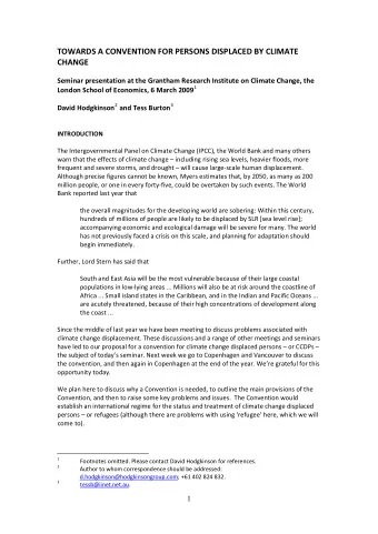 TOWARDS A CONVENTION FOR PERSONS DISPLACED BY CLIMATE CHANGE Seminar presentation at the Grantham