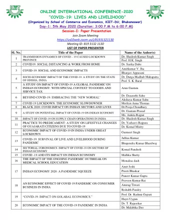 ONLINE INTERNATIONAL CONFERENCE-2020 COVID - 19: LIVES AND LIVELIHOOD  (Organized by School