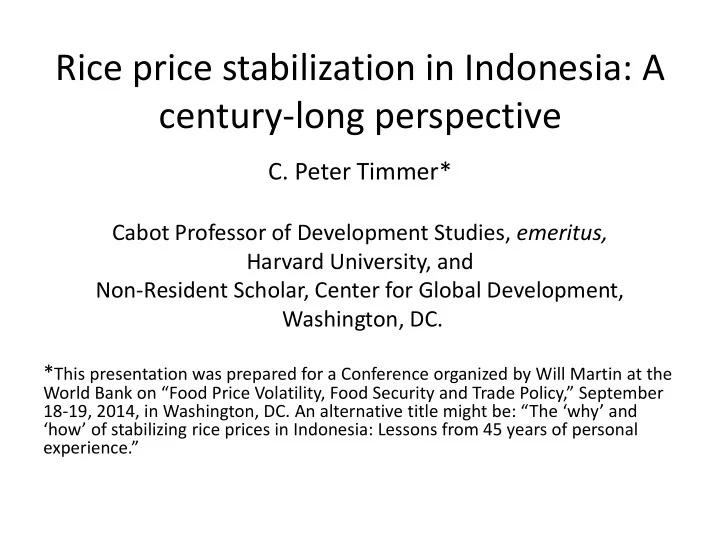 c peter timmer cabot professor of development studies