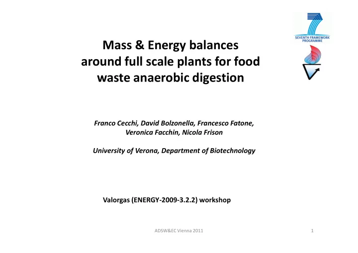 mass energy balances around full scale plants for food