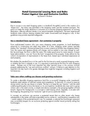Retail Commercial Leasing Nuts and Bolts:  Protect Against Use and Exclusive Conflicts  by David S.